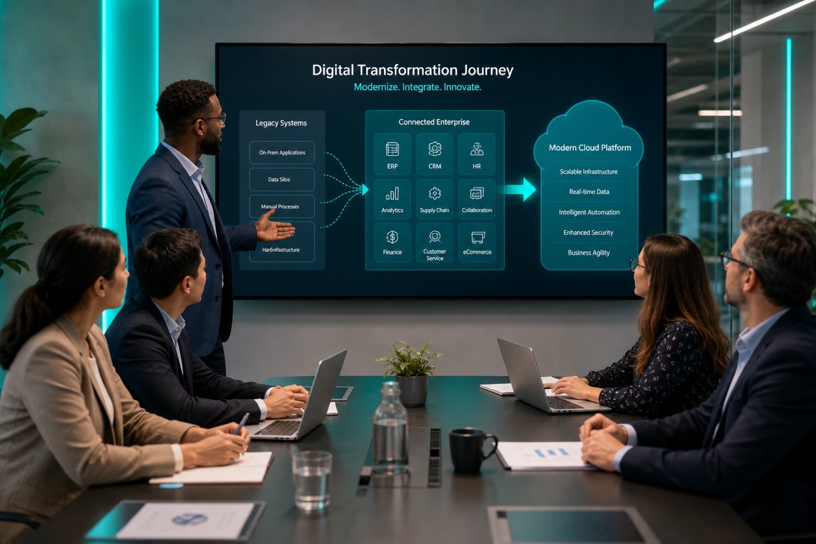 Illustrative workplace photography — teams accelerating digital transformation with modern platforms